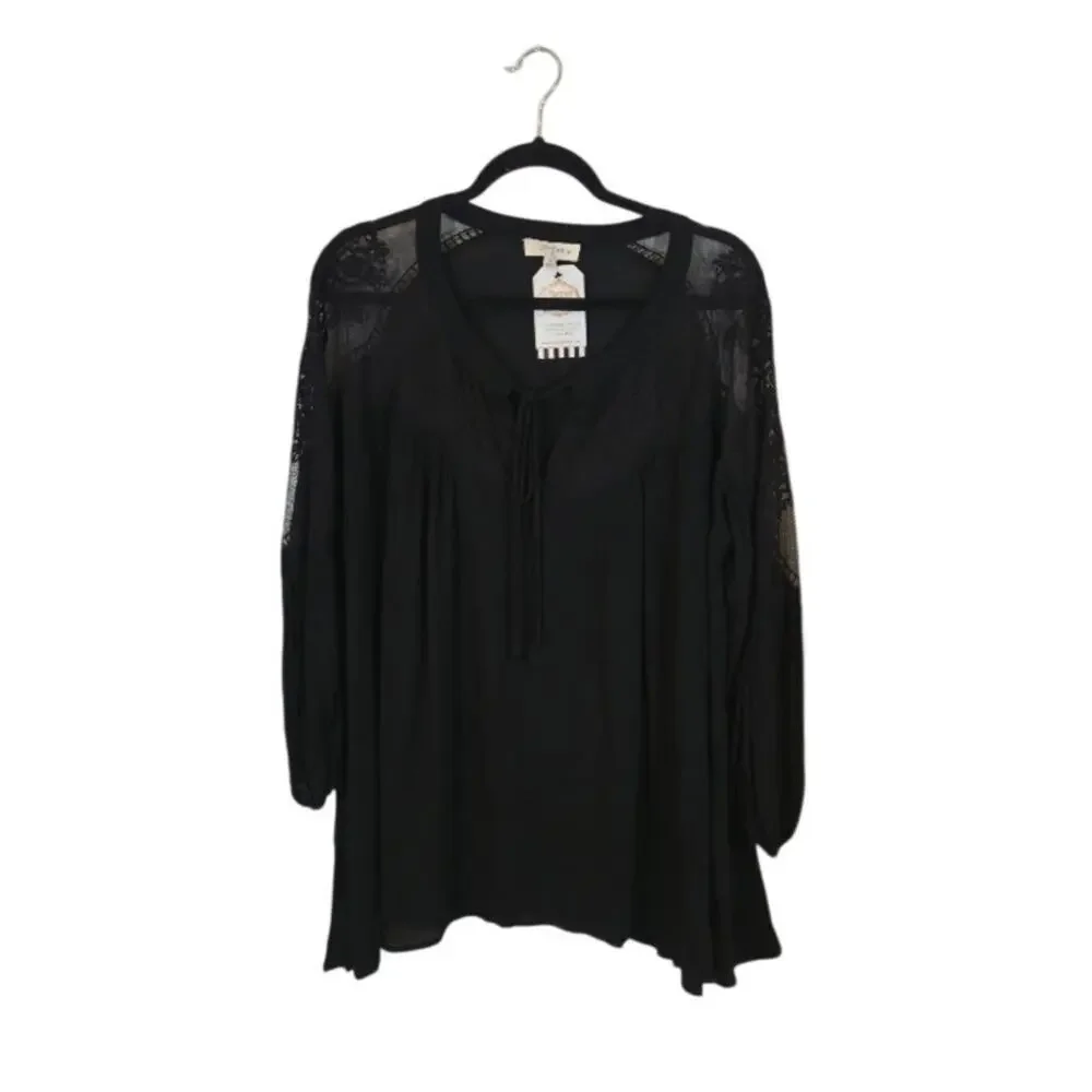 Umgee NWT Womens Lace Peasant Top Size XL Black Embroidered Bohemian Whimsigoth - Picture 1 of 9